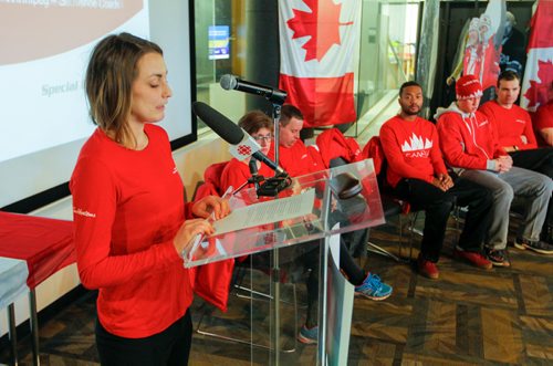 BORIS MINKEVICH / WINNIPEG FREE PRESS
SPORTS - Special Olympics Manitoba Sends Team Canada Athletes and Coaches to the 2017 Special Olympics World Winter Games in Austria. Left: Snowshoe athlete Valerie Delorme addresses the crowd at the Manitoba Sports Hall of Fame (145 Pacific Ave.). The team leaves on Sunday to the international event. Jeff Hamilton story. March 10, 2017 170310