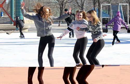WINNIPEG FREE PRESS

Gymnasts Rhea Salvaggio (left) Hope McWhinney (centre) and Unje Lika (right, sweater) goof around on the skating pond under the canopy while at Forks Saturday.  
Saturday

  March 11, 2017