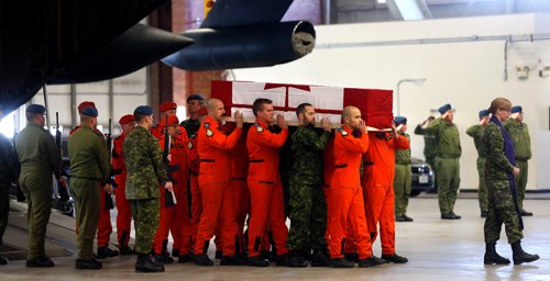 WAYNE GLOWACKI / WINNIPEG FREE PRESS

 A ramp ceremony for Master-Corporal Alfred Barr, a member of 435 Transport and Rescue Squadron, was held at 17 Wing Winnipeg Monday. His remains  arrived at 17 Wing Winnipeg by a military aircraft.  Master-Corporal Barr died recently while training near Yorkton, Saskatchewan.   March 13    2017