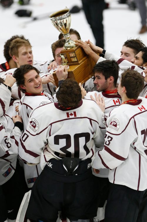 JOHN WOODS / WINNIPEG FREE PRESS
St Paul's Crusaders celebrate a win over the Vincent Massey Trojans in the Manitoba Boys High School Hockey Championship in Portage La Prairie Monday, March 13, 2017.
