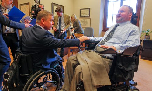 BORIS MINKEVICH / WINNIPEG FREE PRESS
From left: From left: Rick Hansen shakes the hand of MLA for Assiniboia Steven Fletcher during an informal press conference in Fletcher's office in the Manitoba Legislature building. Nick Martin story. March 15, 2017 170315