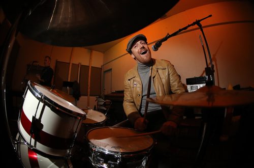 TREVOR HAGAN / WINNIPEG FREE PRESS
Jacques Dubois, drum player in The Wind-ups, rehearsing in the basement of the St.Norbert Catholic Church, Monday, March 13, 2017.