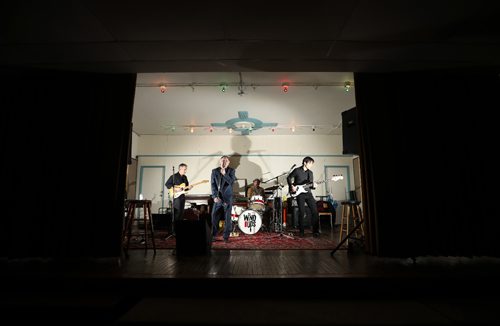 TREVOR HAGAN / WINNIPEG FREE PRESS
From left to right, Rob Pachol, guitar, Andy Morton, vocals, Jacques Dubois, drums, and Reg Ricard, bass, who make up The Wind-ups, rehearsing in the basement of the St.Norbert Catholic Church, Monday, March 13, 2017.