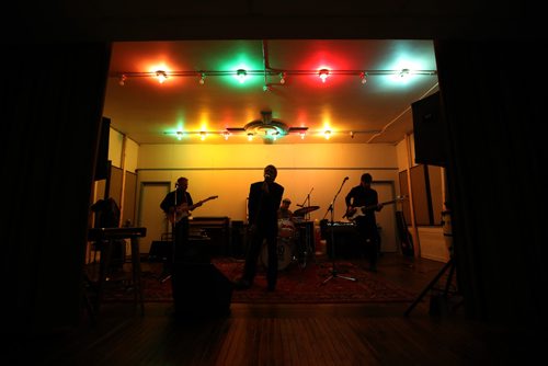 TREVOR HAGAN / WINNIPEG FREE PRESS
From left to right, Rob Pachol, guitar, Andy Morton, vocals, Jacques Dubois, drums, and Reg Ricard, bass, who make up The Wind-ups, rehearsing in the basement of the St.Norbert Catholic Church, Monday, March 13, 2017.