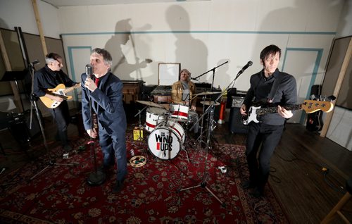 TREVOR HAGAN / WINNIPEG FREE PRESS
From left to right, Rob Pachol, guitar, Andy Morton, vocals, Jacques Dubois, drums, and Reg Ricard, bass, who make up The Wind-ups, rehearsing in the basement of the St.Norbert Catholic Church, Monday, March 13, 2017.