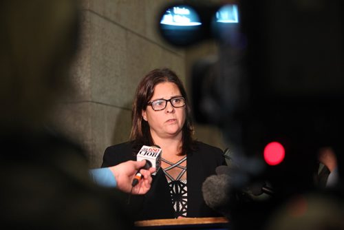 RUTH BONNEVILLE  / WINNIPEG FREE PRESS

Justice Minister Heather Stefanson talk to the media in the hallway of the Manitoba Legislative Building on the MPI drug survey after Question Period Wednesday. 

See Larry Kusch story.  

March 15, 2017