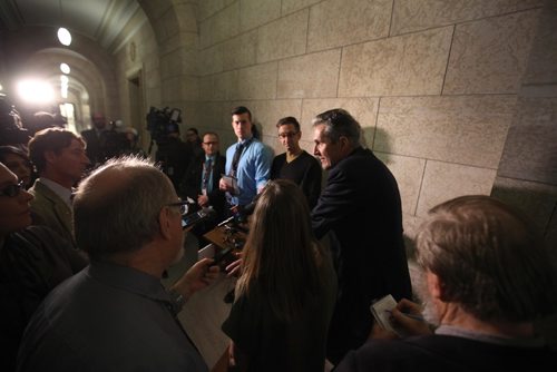 RUTH BONNEVILLE  / WINNIPEG FREE PRESS

Manitoba Premier Brian Pallister answers questions (relating to the Federal Governments alleged threats on pulling out project funding to Manitoba from the media)  in the hallway of the Manitoba Legislative Building after Question Period Wednesday. 

See Larry Kusch, Nick Martin story.  

March 15, 2017