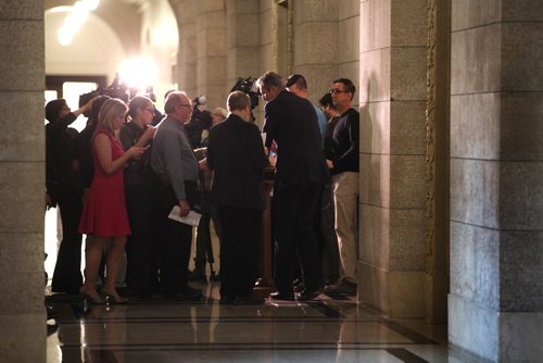 RUTH BONNEVILLE  / WINNIPEG FREE PRESS

Manitoba Premier Brian Pallister leaves media scrum after answering questions (relating to the Federal Governments alleged threats on pulling out project funding to Manitoba from the media)  in the hallway of the Manitoba Legislative Building after Question Period Wednesday. 

See Larry Kusch, Nick Martin story.  

March 15, 2017