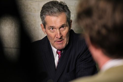 RUTH BONNEVILLE  / WINNIPEG FREE PRESS

Manitoba Premier Brian Pallister answers questions (relating to the Federal Governments alleged threats on pulling out project funding to Manitoba from the media)  in the hallway of the Manitoba Legislative Building after Question Period Wednesday. 

See Larry Kusch, Nick Martin story.  

March 15, 2017