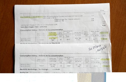 TREVOR HAGAN / WINNIPEG FREE PRESS
Usage details showing less than half of the amount was used in the year following the meter replacement. Nelson Tomalty claims Manitoba Hydro owes him more than $600,000 after a faulty meter appears to have been over billing him at his machine shop near Gimli, Thursday, March 16, 2017.