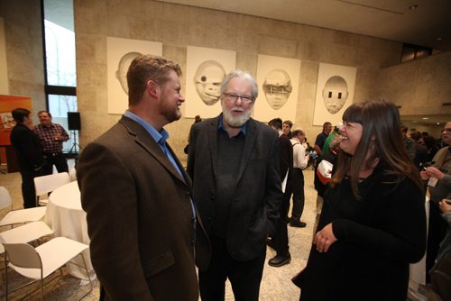 RUTH BONNEVILLE  / WINNIPEG FREE PRESS


Federal 
Retired NDP politician, Bill Blaikie chats with his daughter Rebecca Blaikie and son Daniel Blaikie at the NDP Leadership Candidate Mixer
held at the  Winnipeg Art Gallery Friday.  

March 17, 2017