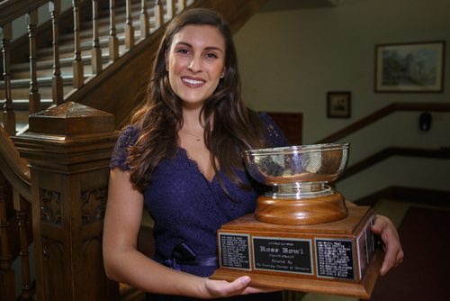 MIKE DEAL / WINNIPEG FREE PRESS
Emma Johnson winner of the Rose Bowl at this years Winnipeg Music Festival with her trophy before the Gala Concert at the Westminster United Church Sunday afternoon.
170319 - Sunday, March 19, 2017.