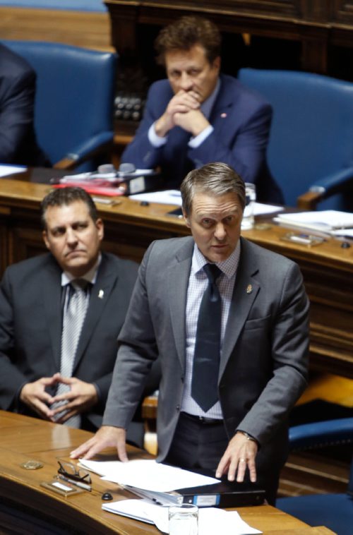 WAYNE GLOWACKI / WINNIPEG FREE PRESS

Finance Minister Cameron Friesen¤reads bill in the Manitoba Legislature Monday.¤  Larry Kusch/ Nick Martin/Martin Cash stories March 20    2017