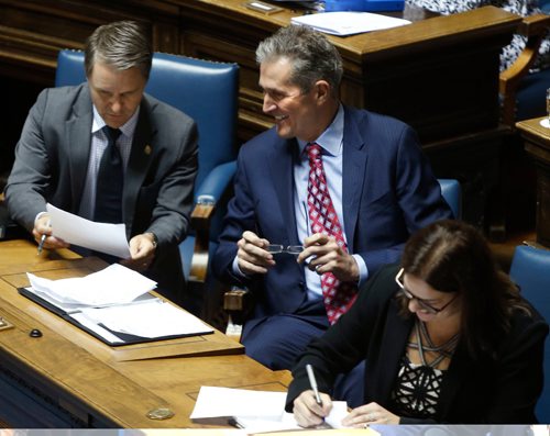 WAYNE GLOWACKI / WINNIPEG FREE PRESS

In centre, Premier Brian Pallister with Finance Minister Cameron Friesen¤and Heather Stefanson, Minister of Justice and Attorney General¤ before bills are read in the Manitoba Legislature Monday.¤  Larry Kusch/ Nick Martin/Martin Cash stories March 20    2017