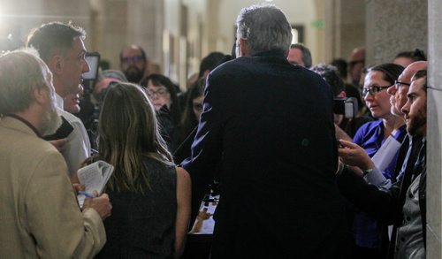 BORIS MINKEVICH / WINNIPEG FREE PRESS
Manitoba provincial budget post scrums at the Leg. Premier Brian Pallister view from behind the scrum. March 20, 2017 170320