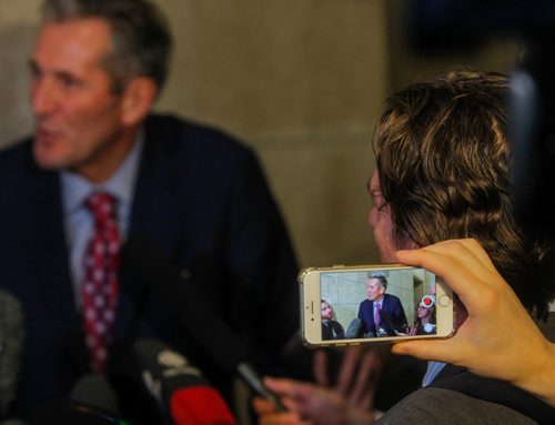 BORIS MINKEVICH / WINNIPEG FREE PRESS
Manitoba provincial budget post scrums at the Leg. Premier Brian Pallister being taped with cell phone at scrum. March 20, 2017 170320