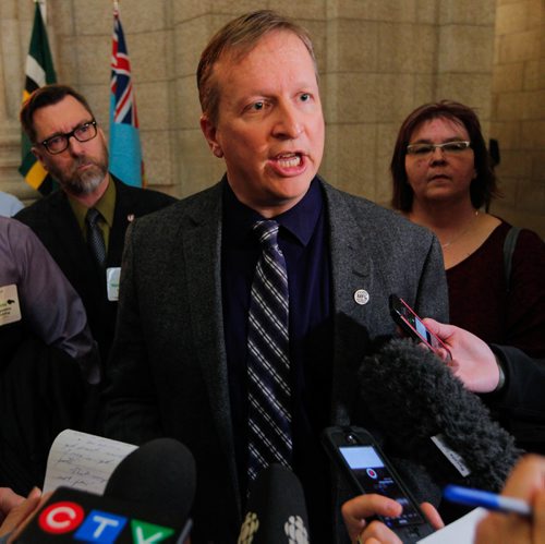 BORIS MINKEVICH / WINNIPEG FREE PRESS
Manitoba provincial budget post scrums at the Leg.
Manitoba Federation of Labour president Kevin Rebeck is interviewed by loads of reporters. March 20, 2017 170320