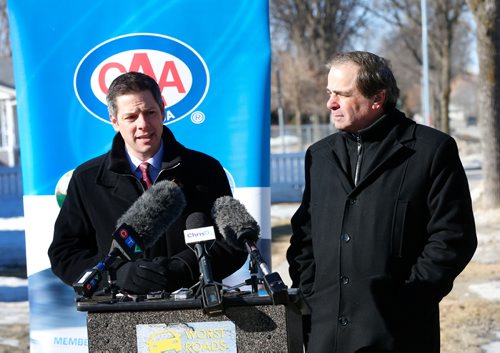 WAYNE GLOWACKI / WINNIPEG FREE PRESS

At left, Mayor Brian Bowman and Mike Mager, president of CAA Manitoba launched the 6th annual CAA Manitoba Worst Roads campaign along Hector Ave. in Winnipeg Tuesday morning. Manitobans can nominate their worst road at the CAA Manitoba website.  Main Street South in Carman,Mb. ranked the worst last year. see release March 21    2017
