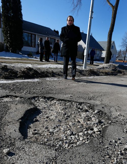 WAYNE GLOWACKI / WINNIPEG FREE PRESS

Mike Mager, president of CAA Manitoba launched their 6th annual Worst Roads campaign along a rough section of Hector Ave. in Winnipeg Tuesday morning. Manitobans can nominate their worst road at the CAA Manitoba website.  Main Street South in Carman,Mb. ranked the worst last year. see release March 21    2017