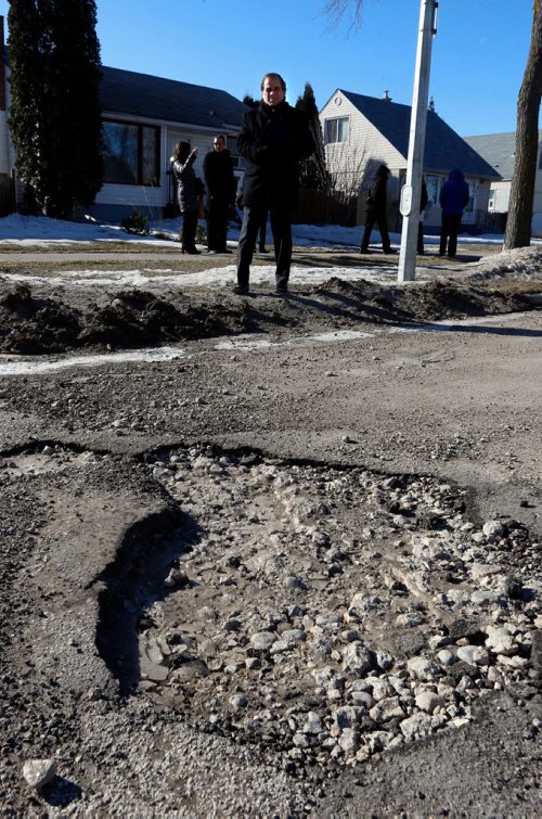 WAYNE GLOWACKI / WINNIPEG FREE PRESS

Mike Mager, president of CAA Manitoba launched their 6th annual Worst Roads campaign along a rough section of Hector Ave. in Winnipeg Tuesday morning. Manitobans can nominate their worst road at the CAA Manitoba website.  Main Street South in Carman,Mb. ranked the worst last year. see release March 21    2017