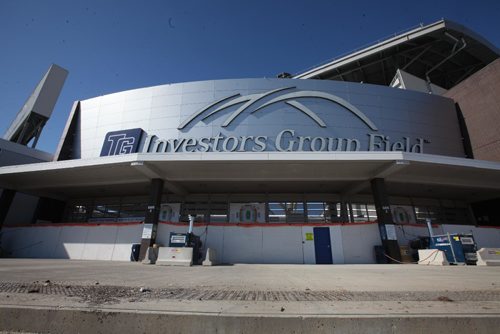 RUTH BONNEVILLE  / WINNIPEG FREE PRESS

Repair work being done at  Investors Group Field Tuesday.  
Photo of south entrance.  

March 18, 2017
