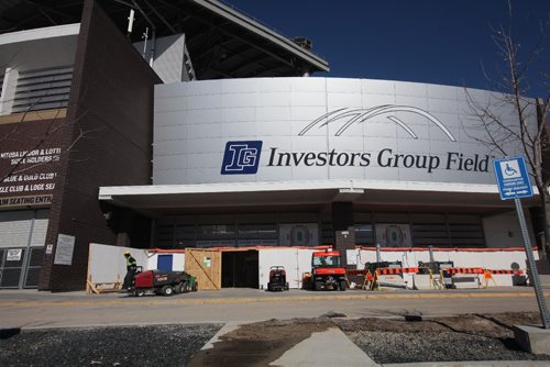 RUTH BONNEVILLE  / WINNIPEG FREE PRESS

Repair work being done at  Investors Group Field Tuesday.  

March 18, 2017