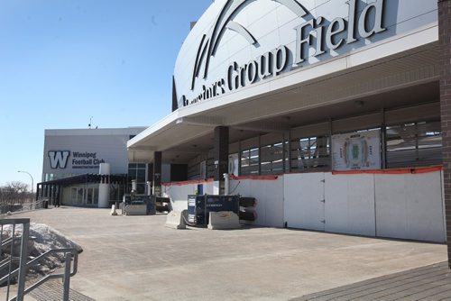 RUTH BONNEVILLE  / WINNIPEG FREE PRESS

Repair work being done at  Investors Group Field Tuesday.  
Photo of south entrance.  

March 18, 2017