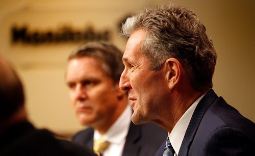 PHIL HOSSACK / WINNIPEG FREE PRESS  -  Manitoba Premier Brian Pallister reacts to the Federal Liberal budget Wednesday at the Provincial Legislature. Finance Minister Cameron Friesen sits behind. -  March 22, 2017
