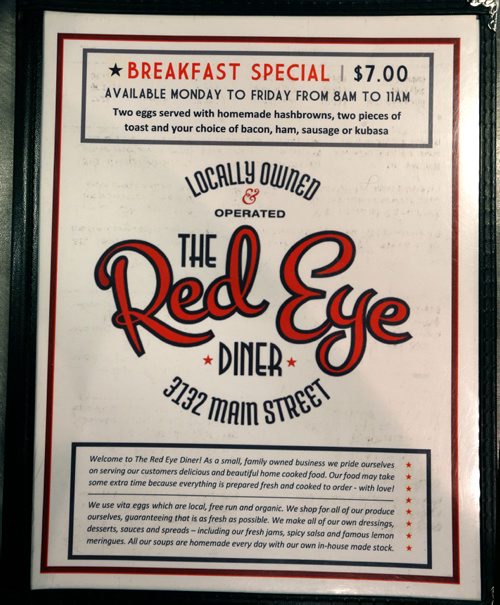 WAYNE GLOWACKI / WINNIPEG FREE PRESS

This City/Sunday. The menu at the  Red Eye Diner, 3132 Main Street. David Sanderson story    March 24    2017