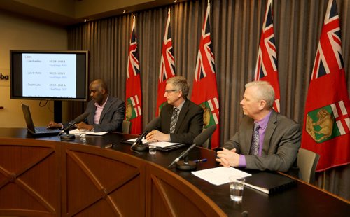 TREVOR HAGAN / WINNIPEG FREE PRESS
From left to right, Fisaha Unduche, director, hydrologic forecasting and co-ordination, Blaine Pedersen, infrastructure minister, and Doug McMahon, assistant deputy minister, water management, giving a flood update at the Legislative Building, Friday, March 24, 2017.