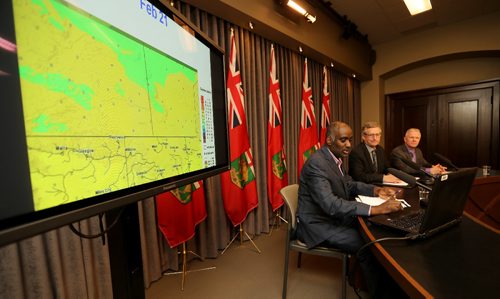 TREVOR HAGAN / WINNIPEG FREE PRESS
From left to right, Fisaha Unduche, director, hydrologic forecasting and co-ordination, Blaine Pedersen, infrastructure minister, and Doug McMahon, assistant deputy minister, water management, giving a flood update at the Legislative Building, Friday, March 24, 2017.