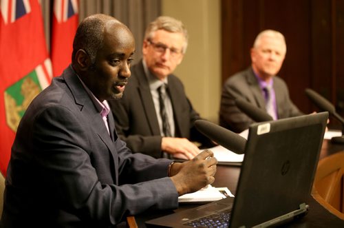 TREVOR HAGAN / WINNIPEG FREE PRESS
From left to right, Fisaha Unduche, director, hydrologic forecasting and co-ordination, Blaine Pedersen, infrastructure minister, and Doug McMahon, assistant deputy minister, water management, giving a flood update at the Legislative Building, Friday, March 24, 2017.