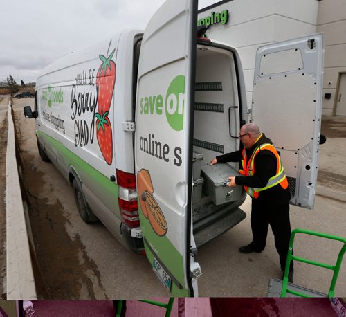 WAYNE GLOWACKI / WINNIPEG FREE PRESS

Personal Delivery Assistant John McLennan with crates that hold online grocery orders by the delivery vans at  the Save On Foods in the Northgate shopping centre on McPhillips St. 
Murray McNeill  story    March 24    2017
