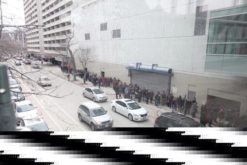 Ruth Bonneville  /  Winnipeg Free Press.


Hundreds of People wait in long lineups along Hargrave Ave. from St. Mary Ave. all the way to York to get into the Delta Hotel for a Job Fair for the approx 1300 jobs opening at the new outlet mall across from Ikea, Saturday.  The hotel is only allowing a capacity of 300 people at a time in to the conference space as hundreds of people wait in line outside the hotel for their turn to be allowed in. One young man in his 20's with a degree says he's been applying everywhere and can't even find a job at a fast food outlet.

March 25, 2017