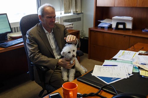 MIKE DEAL / WINNIPEG FREE PRESS
Winnipeg Free Press publisher Bob Cox at his desk with Shannon Sampert's dog Norman. The Free Press is starting an experiment, allowing employees to bring their dog into work. 
170320 - Monday, March 20, 2017.