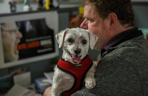 MIKE DEAL / WINNIPEG FREE PRESS
Winnipeg Free Press humour columnist Doug Spiers with Bogey in the newsroom. The Free Press is starting an experiment, allowing employees to bring their dog into work. 
170320 - Monday, March 20, 2017.