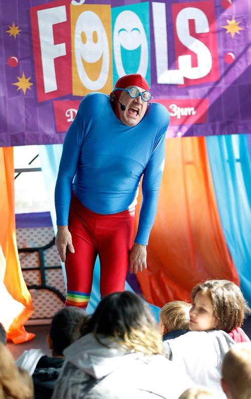PHIL HOSSACK / WINNIPEG FREE PRESS  - Gustavo the "Impossiblist warms up his audience Monday afternoon t the Forks Market. As part of Spring Break festivities at the Forks, he was taking part in a Festival of Fools, put on by the International Children's Festival. See release STAND-UP.  -  March 27, 2017