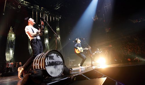 PHIL HOSSACK / WINNIPEG FREE PRESS  -  Lumineers band members (L-R) Jeremiah Caleb Fraites, and Weseley Schultz on stage at the MTS Centre Tuesday. -  March 28, 2017