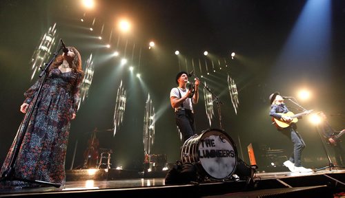 PHIL HOSSACK / WINNIPEG FREE PRESS  -  Lumineers band members (L-R) Neyla Pekarek, Jeremiah Caleb Fraites, and Weseley Schultz on stage at the MTS Centre Tuesday. -  March 28, 2017