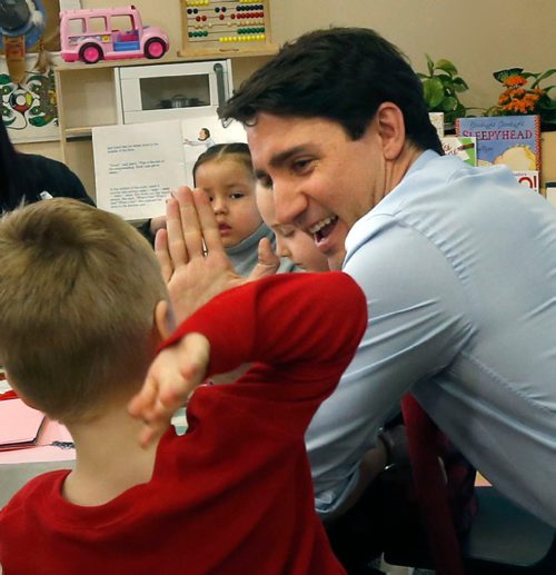 WAYNE GLOWACKI / WINNIPEG FREE PRESS

Prime Minister Justin Trudeau visits with pre-schoolers at the South Y in Winnipeg Wednesday prior to making a child care announcement.¤¤Larry Kusch story March 29    2017