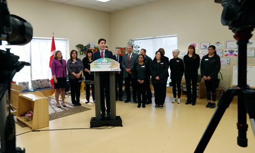 WAYNE GLOWACKI / WINNIPEG FREE PRESS

Prime Minister Justin Trudeau by the podium with Liberal MPs and staff at the South Y in Winnipeg Wednesday for a child care announcement. ¤¤Larry Kusch story March 29    2017