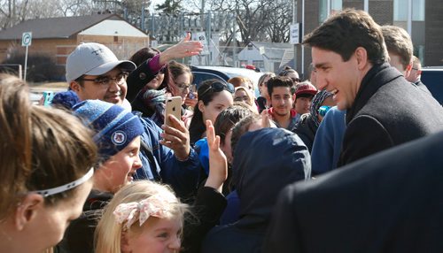 WAYNE GLOWACKI / WINNIPEG FREE PRESS
A crowd greets Prime Minister Justin Trudeau after his child care announcement at the South Y in Winnipeg Wednesday.¤¤Larry Kusch story March 29 2017