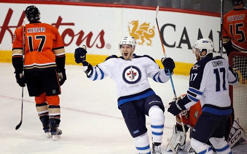 PHIL HOSSACK / WINNIPEG FREE PRESS  -  Winnipeg Jet #40 Joel Armia celebrates his short handed unasisted goal against the Anaheim Ducks Thursday night at the MTS Centre Team Mate #17 Adam Lowry right. See story.  -  March 30, 2017