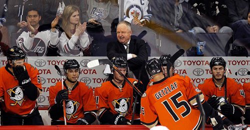 PHIL HOSSACK /WINNIPEG FREE PRESS - Anaheim Duck's coach Randy Carlyle behind the bench against his former team early in the second period Thursday, see story.  March 30, 2017