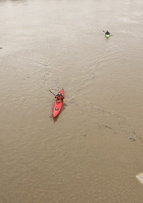 MIKE DEAL / WINNIPEG FREE PRESS

Kayakers follow the flow of the very high Red River close to the University of Manitoba Sunday afternoon. 
 
170402
Sunday, April 02, 2017