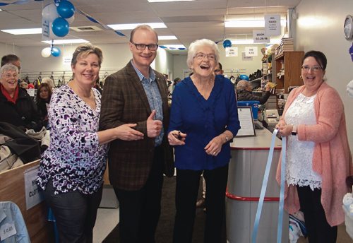 Canstar Community News March 28, 2017 - (From left) Brenda Sawatzky, Kildonan Mennonite Thrift Store board chair, Rossmere MLA Andrew Micklefield, volunteer Frieda Bueckert, and Robin Searle, KMTS chief operating officer, at the KMTS Clearance Centre (396 Edison Ave.) grand opening celebration. (SHELDON BIRNIE/CANSTAR/THE HERALD)