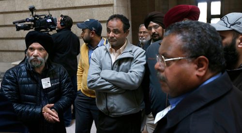 WAYNE GLOWACKI / WINNIPEG FREE PRESS

Cabbies gather after question period in the Manitoba Legislature Monday. Nick Martin/Larry Kusch  stories  April 3     2017