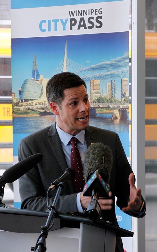 PHIL HOSSACK / WINNIPEG FREE PRESS  -  Winnipeg Mayor Brian Bowman speaks at a press conference unveiling the latest CityPass at Travel Manitoba's Fork's location. .  -  April 4, 2017