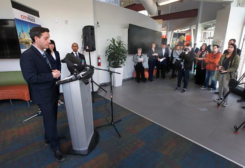 PHIL HOSSACK / WINNIPEG FREE PRESS  -  Loren Remillard President and CEO of the Chamber of Commerce speaks at a press conference unveiling the latest CityPass at Travel Manitoba's Fork's location. .  -  April 4, 2017