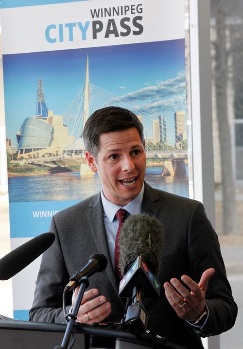 PHIL HOSSACK / WINNIPEG FREE PRESS  -  Winnipeg Mayor Brian Bowman speaks at a press conference unveiling the latest CityPass at Travel Manitoba's Fork's location. .  -  April 4, 2017